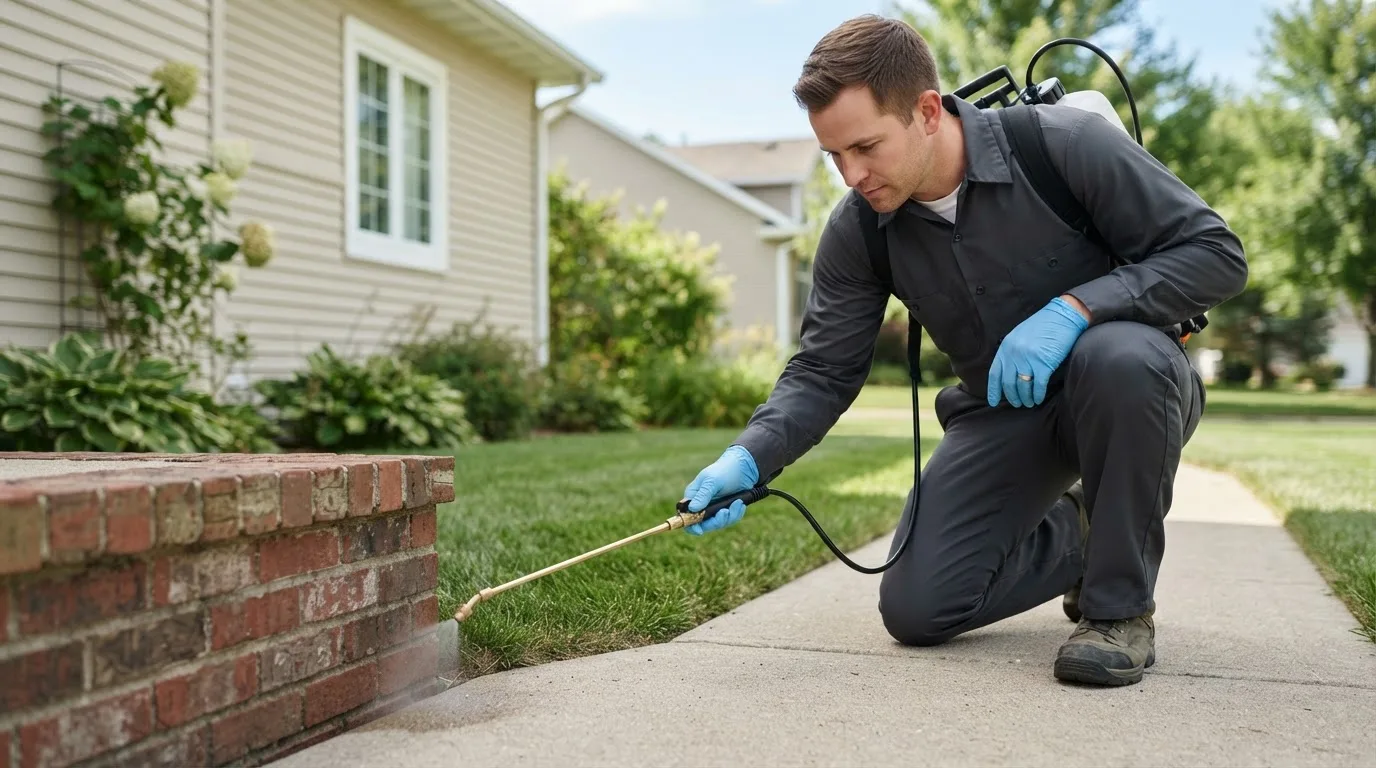 Pest control technician treating a home near West Hyannisport, MA